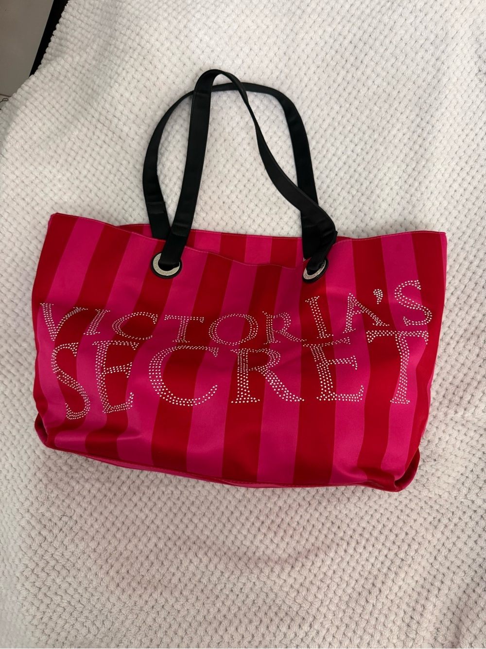 Victoria's Secret Hot Pink & Fuchsia Striped Tote with Rhinestone Logo
